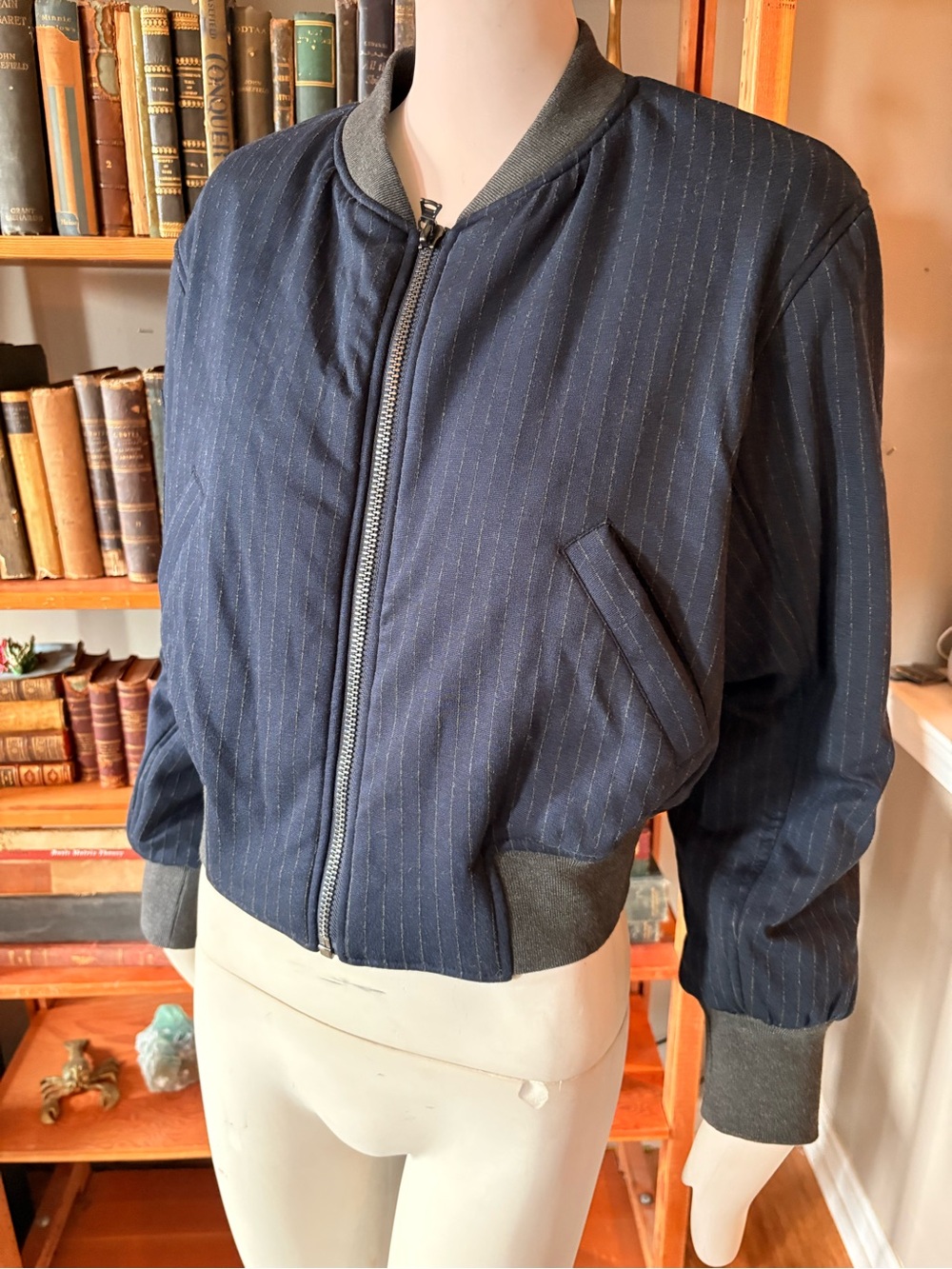 Kenneth Cole Navy Pinstripe Bomber Jacket (Size Tag Missing, Fits Small)